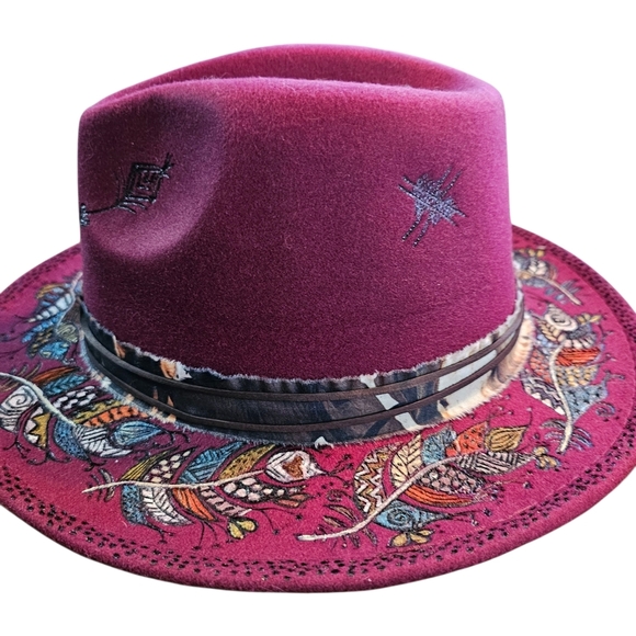 Hand Burned and Painted Wide Brim Fedora Hat With Feathers, Western Feel - Picture 3 of 5
